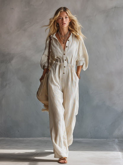 Classic Basic Beige Striped Mid-Sleeve Jumpsuit