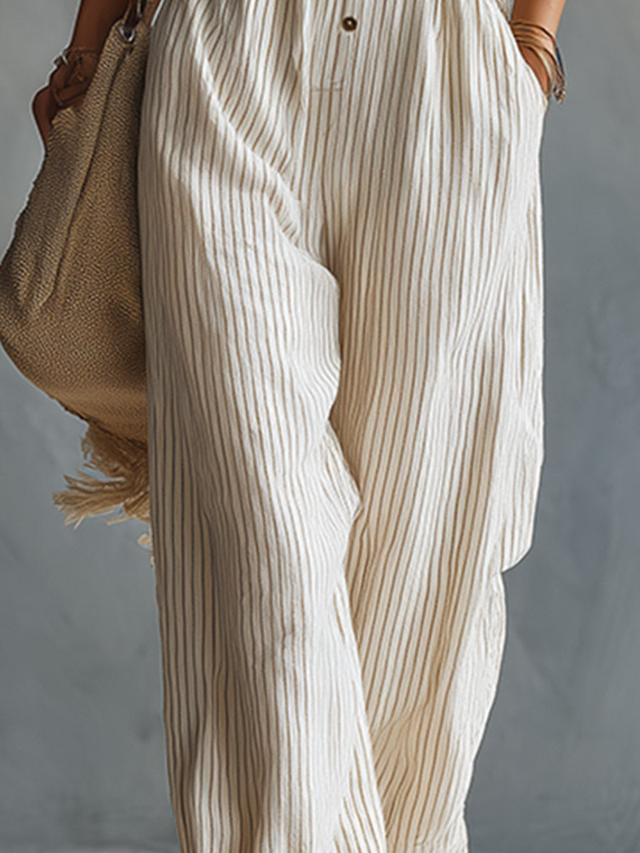 Classic Basic Beige Striped Mid-Sleeve Jumpsuit