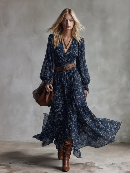 Retro Classic Floral Print Navy Blue Chiffon Maxi Dress