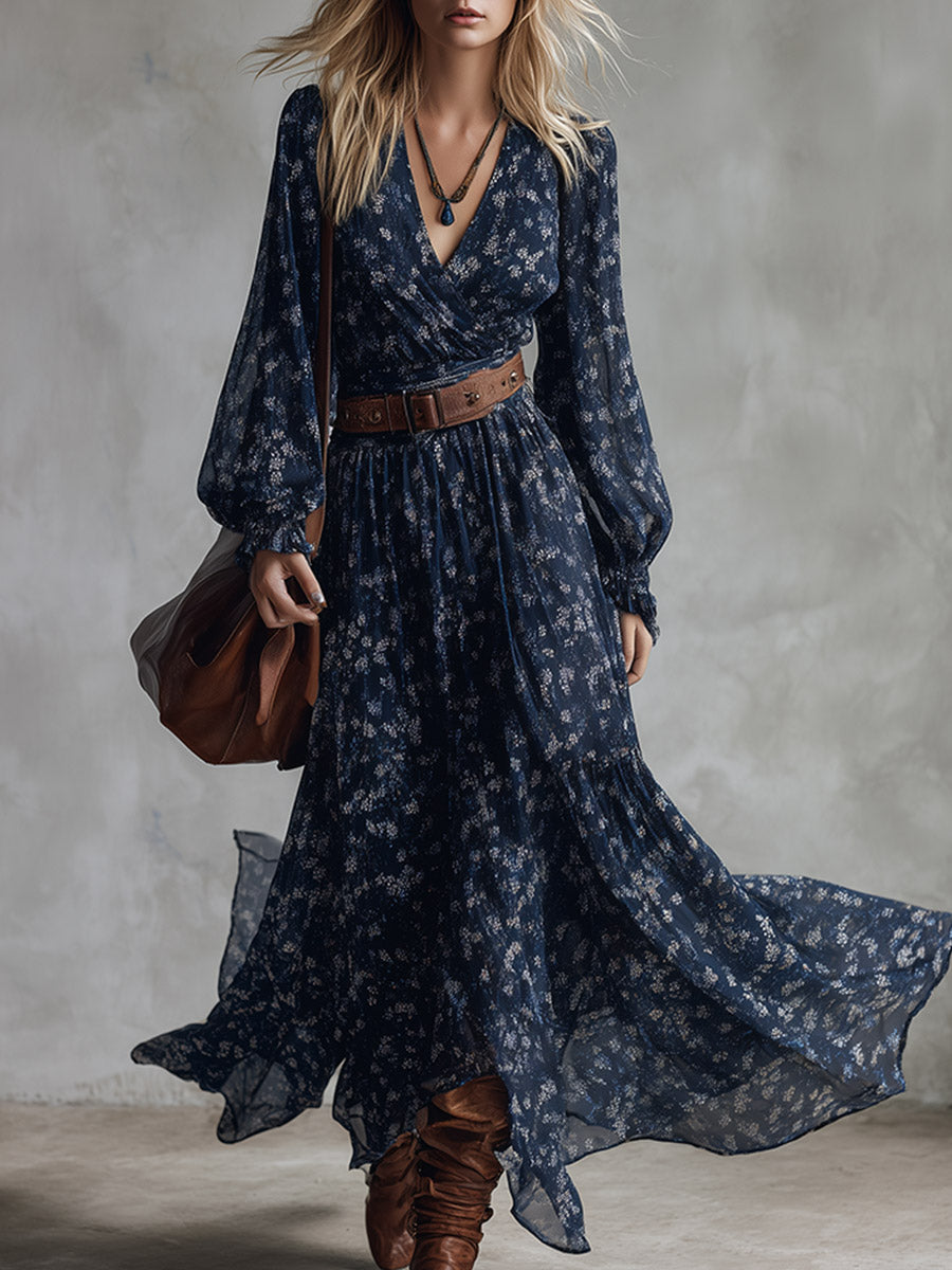 Retro Classic Floral Print Navy Blue Chiffon Maxi Dress