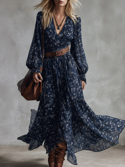 Retro Classic Floral Print Navy Blue Chiffon Maxi Dress
