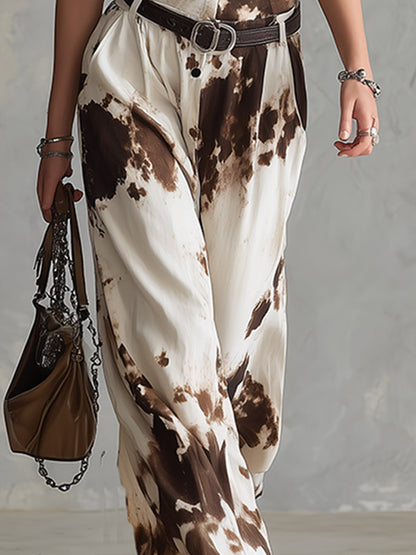 Retro-chic Beige-brown Cow-print Faux Suede Jumpsuit