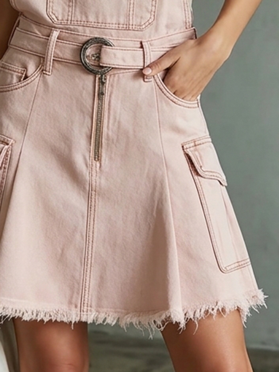 Washed Pink Denim Pinafore Dress – Zip Front Belted Cargo Pockets