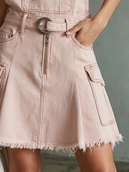 Washed Pink Denim Pinafore Dress – Zip Front Belted Cargo Pockets