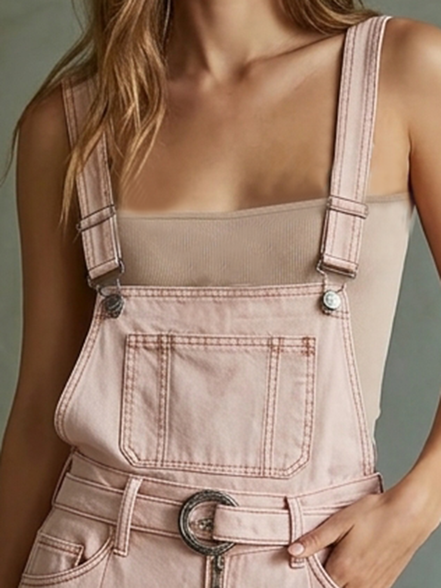 Washed Pink Denim Pinafore Dress – Zip Front Belted Cargo Pockets