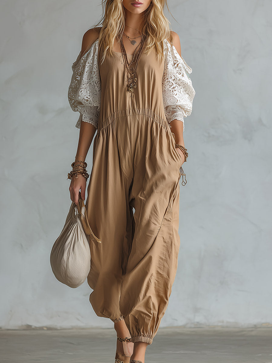 Vintage-style Casual Khaki Cotton Lace Short-sleeve Jumpsuit