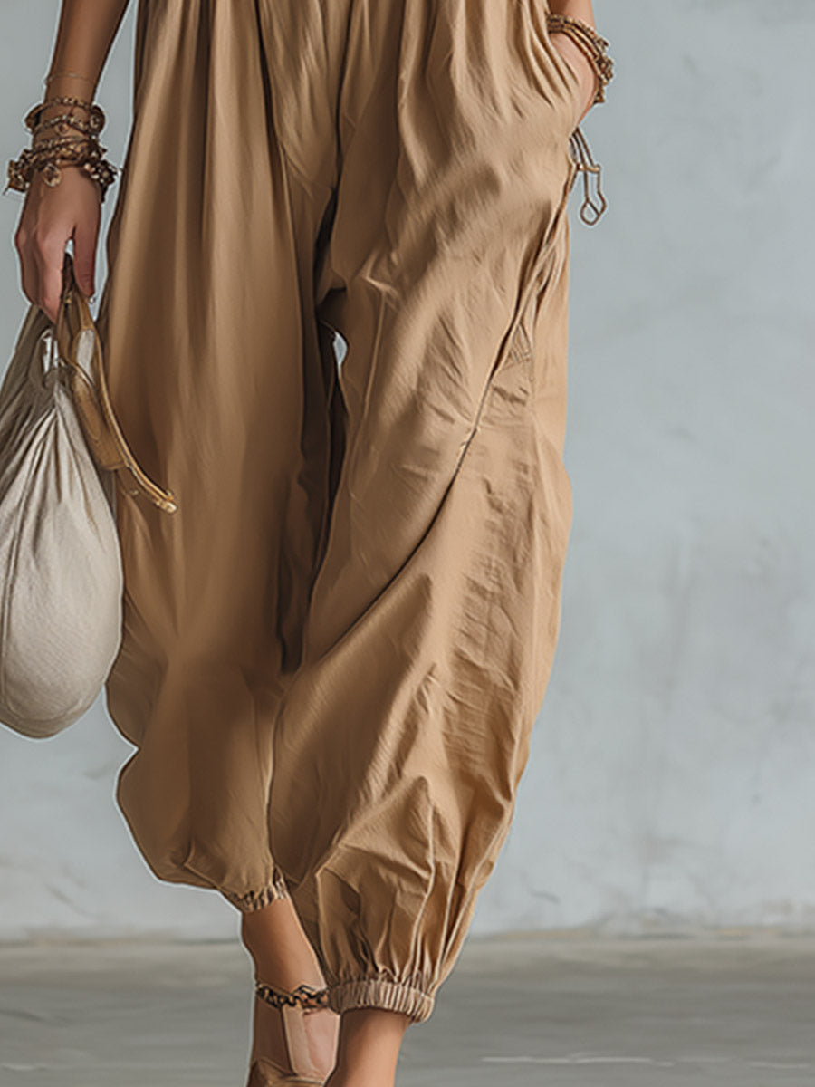 Vintage-style Casual Khaki Cotton Lace Short-sleeve Jumpsuit