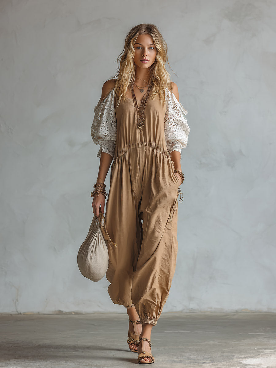 Vintage-style Casual Khaki Cotton Lace Short-sleeve Jumpsuit