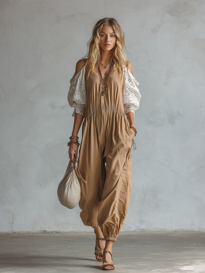 Vintage-style Casual Khaki Cotton Lace Short-sleeve Jumpsuit