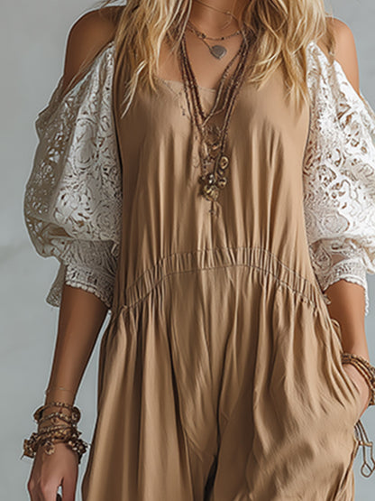 Vintage-style Casual Khaki Cotton Lace Short-sleeve Jumpsuit