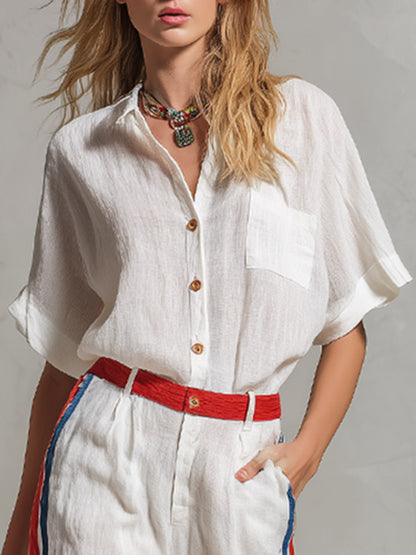 Casual Urban Color-Block White T-Shirt And Wide-Leg Pants Cotton-Linen Set