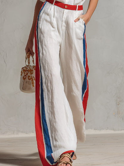 Casual Urban Color-Block White T-Shirt And Wide-Leg Pants Cotton-Linen Set