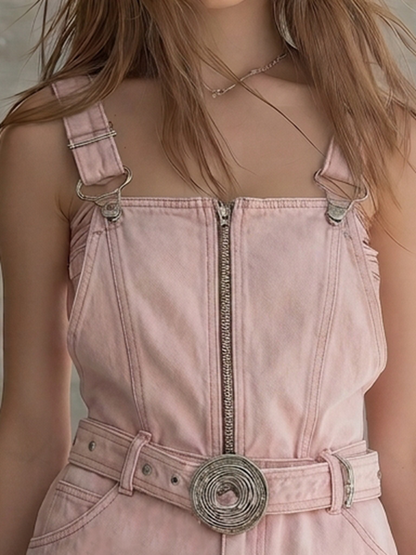 Washed Pink Denim Pinafore Dress – Zip Front Belted Cargo Pockets