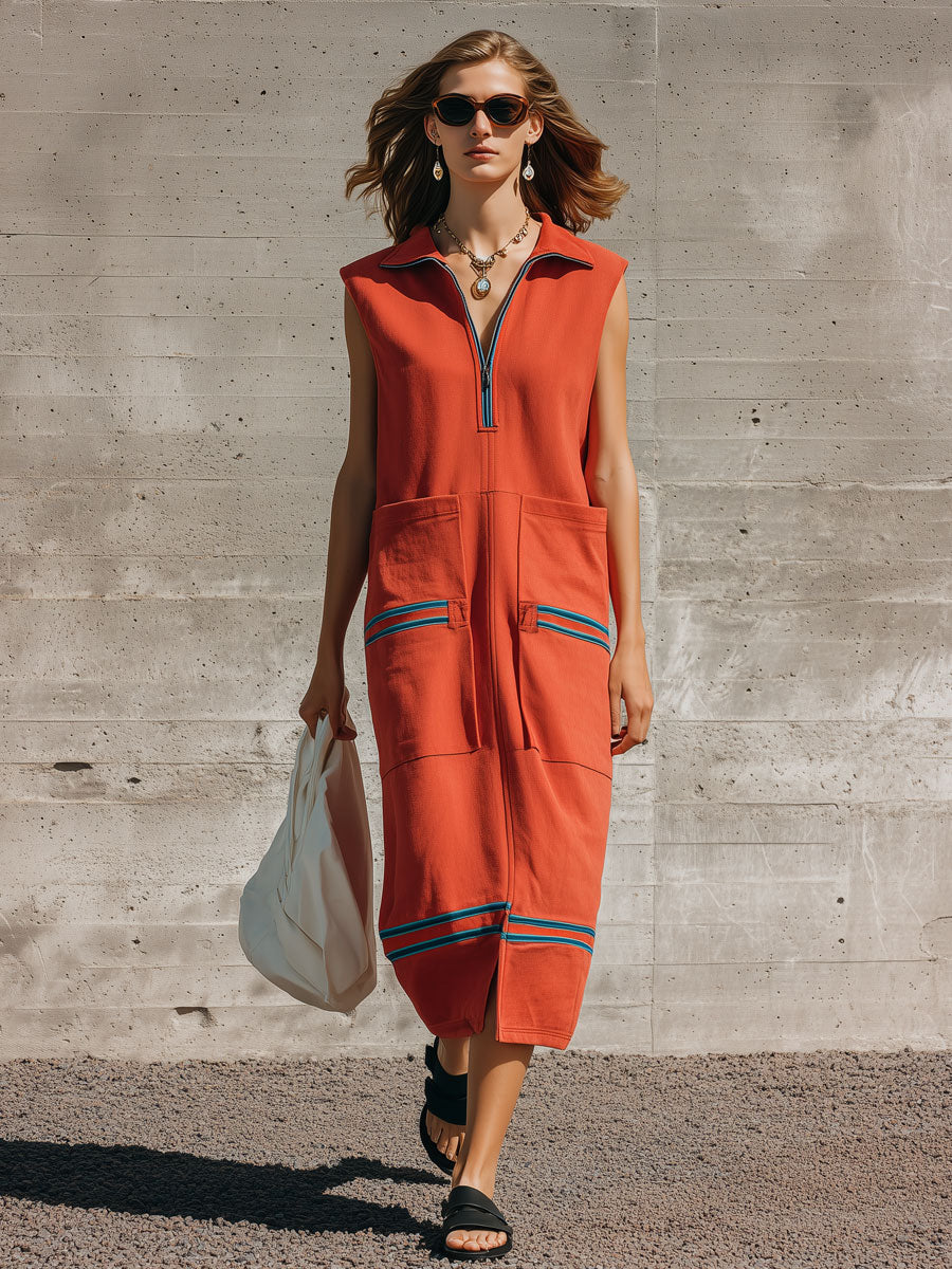 Sporty Retro Striped Half-zip Orange Cotton Sleeveless Midi Dress