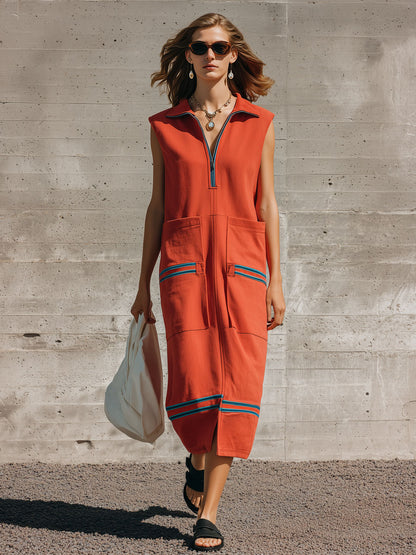 Sporty Retro Striped Half-zip Orange Cotton Sleeveless Midi Dress