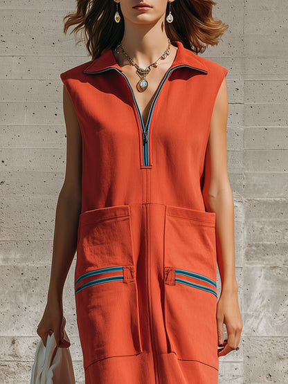 Sporty Retro Striped Half-zip Orange Cotton Sleeveless Midi Dress