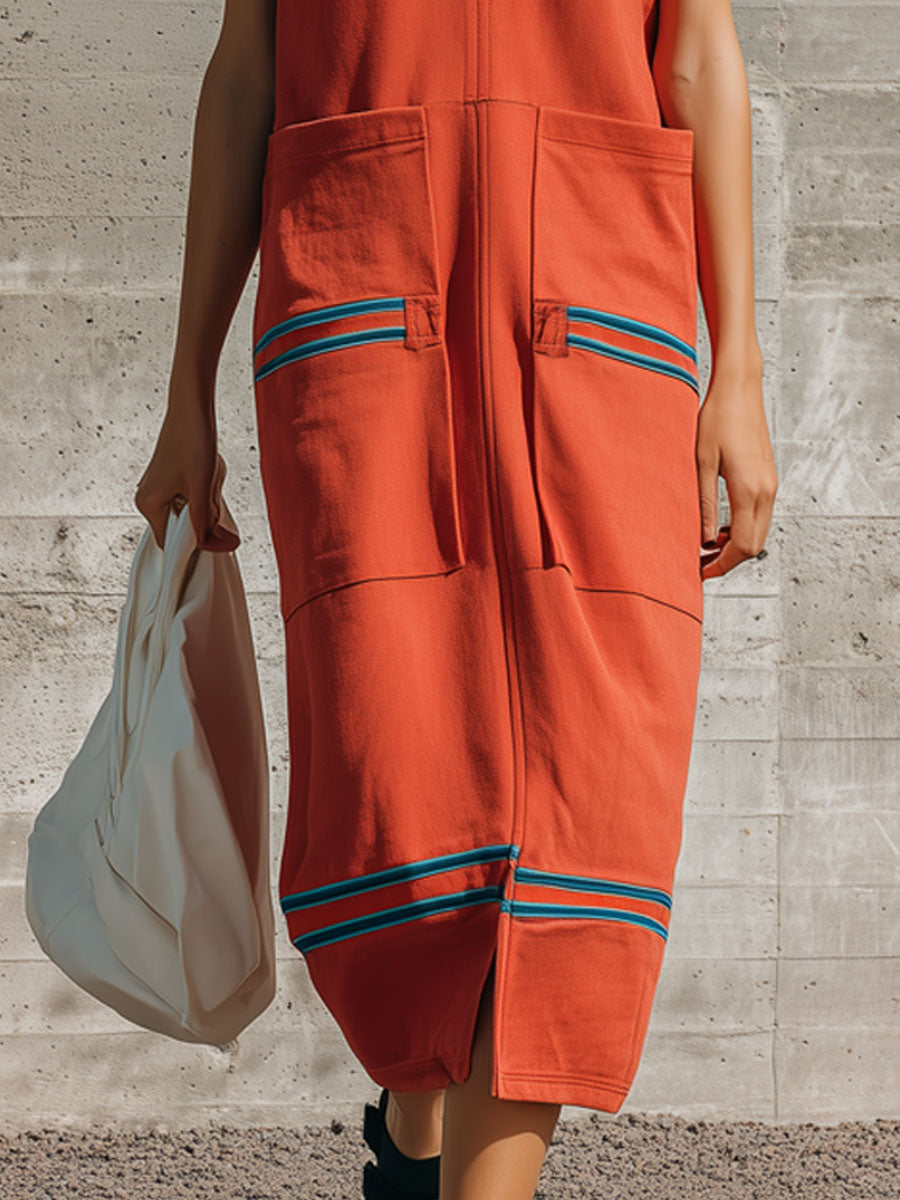 Sporty Retro Striped Half-zip Orange Cotton Sleeveless Midi Dress