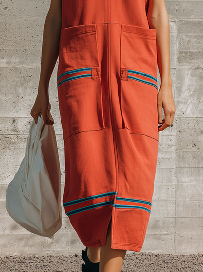 Sporty Retro Striped Half-zip Orange Cotton Sleeveless Midi Dress