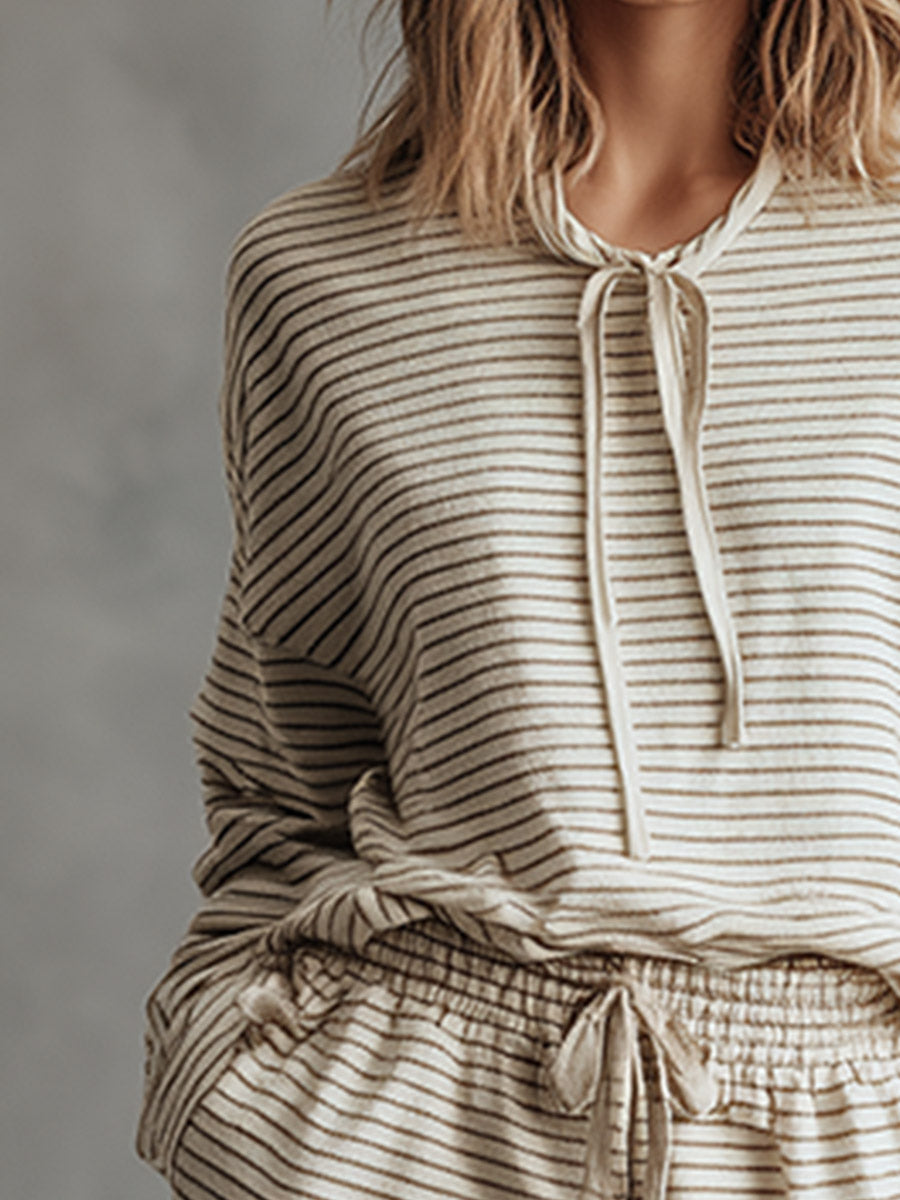 Retro-style Beige Striped Cotton Sweatshirt And Shorts Set