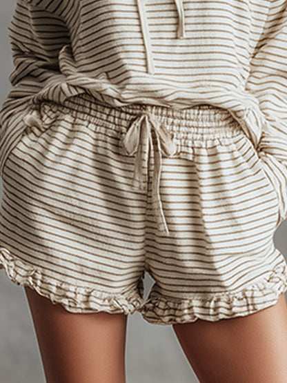 Retro-style Beige Striped Cotton Sweatshirt And Shorts Set