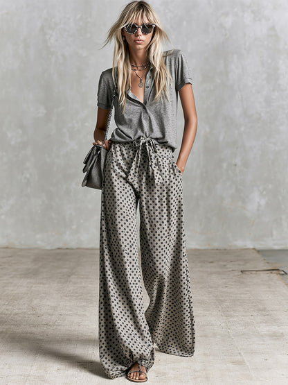 Chic Urban Sporty Grey Polo Shirt And Polka-dot Trousers Set