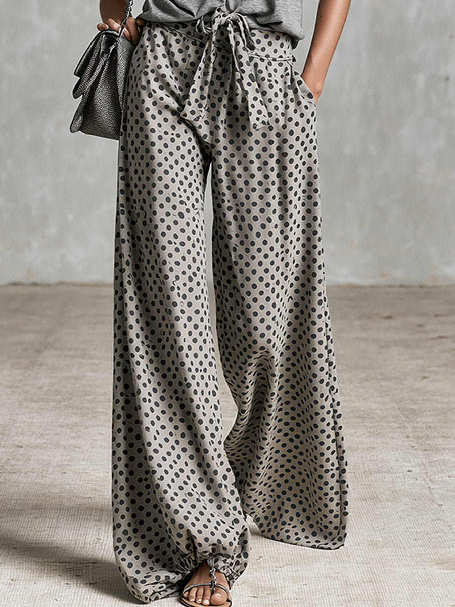 Chic Urban Sporty Grey Polo Shirt And Polka-dot Trousers Set