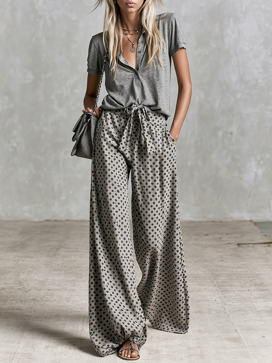 Chic Urban Sporty Grey Polo Shirt And Polka-dot Trousers Set