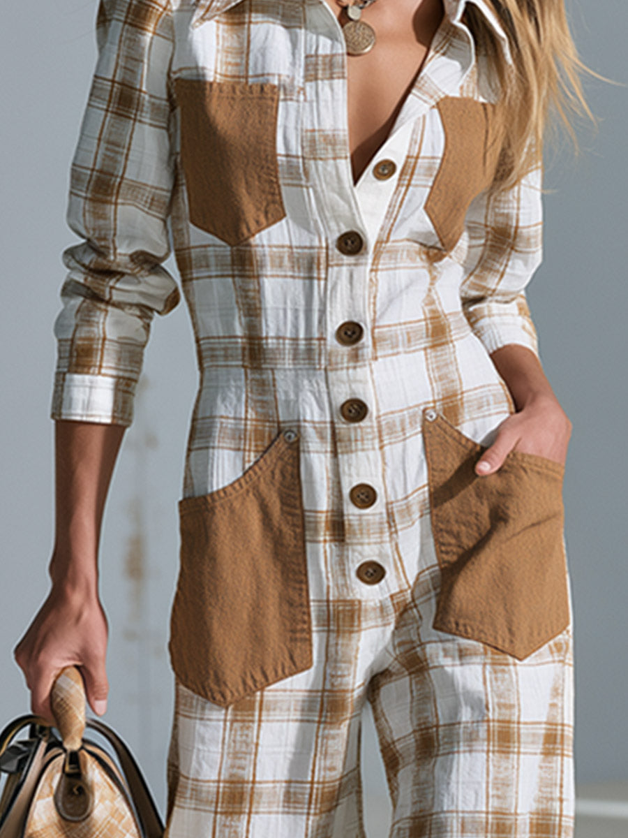 Vintage-style Elegant Beige-brown Plaid Multi-pocket Long-sleeve Jumpsuit