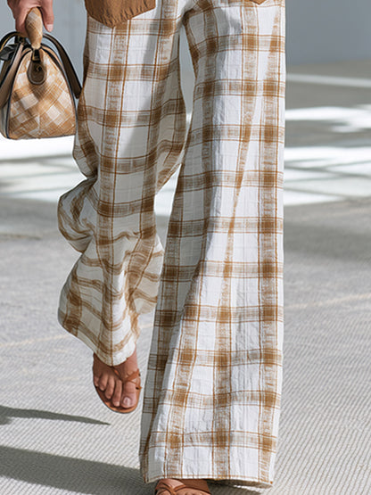 Vintage-style Elegant Beige-brown Plaid Multi-pocket Long-sleeve Jumpsuit
