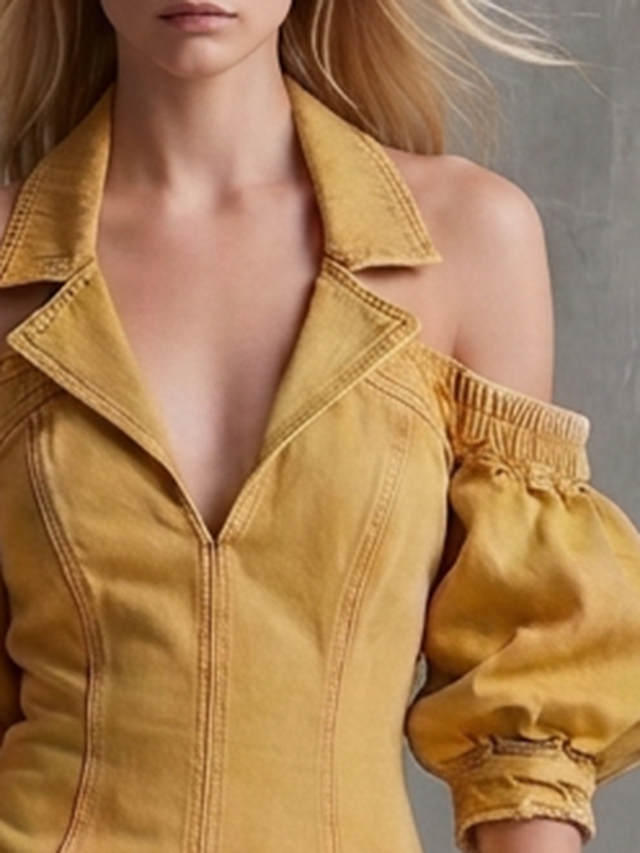 Vintage Mustard Cold-Shoulder Puff-Sleeve Utility Denim Dress With Frayed Hem