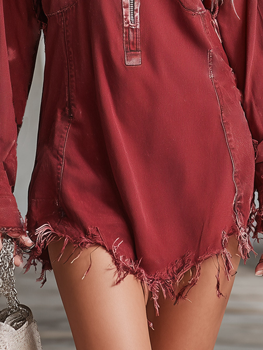 Retro Casual Red Denim Raw-Hem Mini Dress