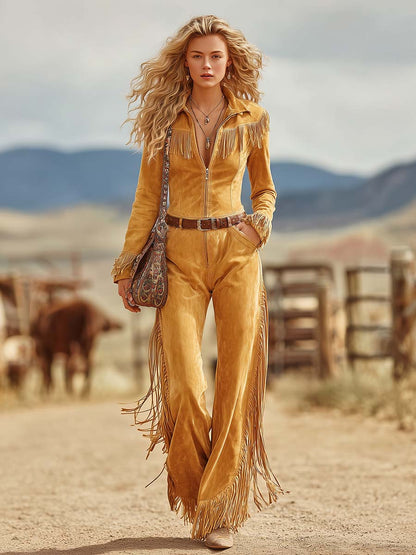 Retro Western Mustard Faux-Suede Fringe Zip-Front Belted Wide-Leg Jumpsuit