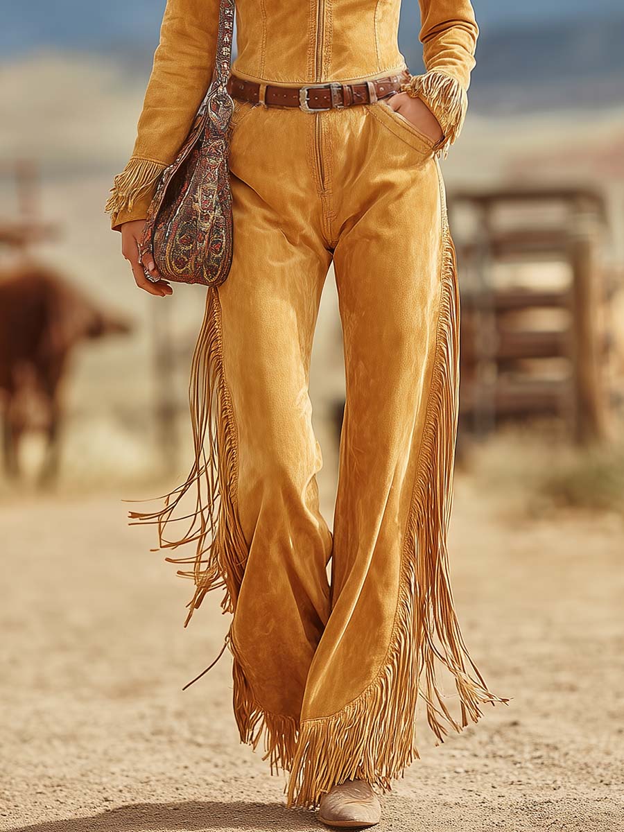 Retro Western Mustard Faux-Suede Fringe Zip-Front Belted Wide-Leg Jumpsuit