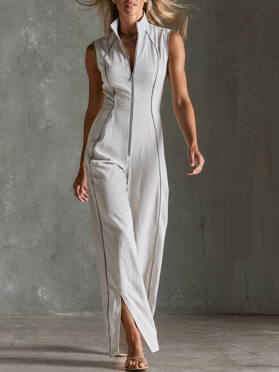 Retro-chic White-trimmed Jumpsuit
