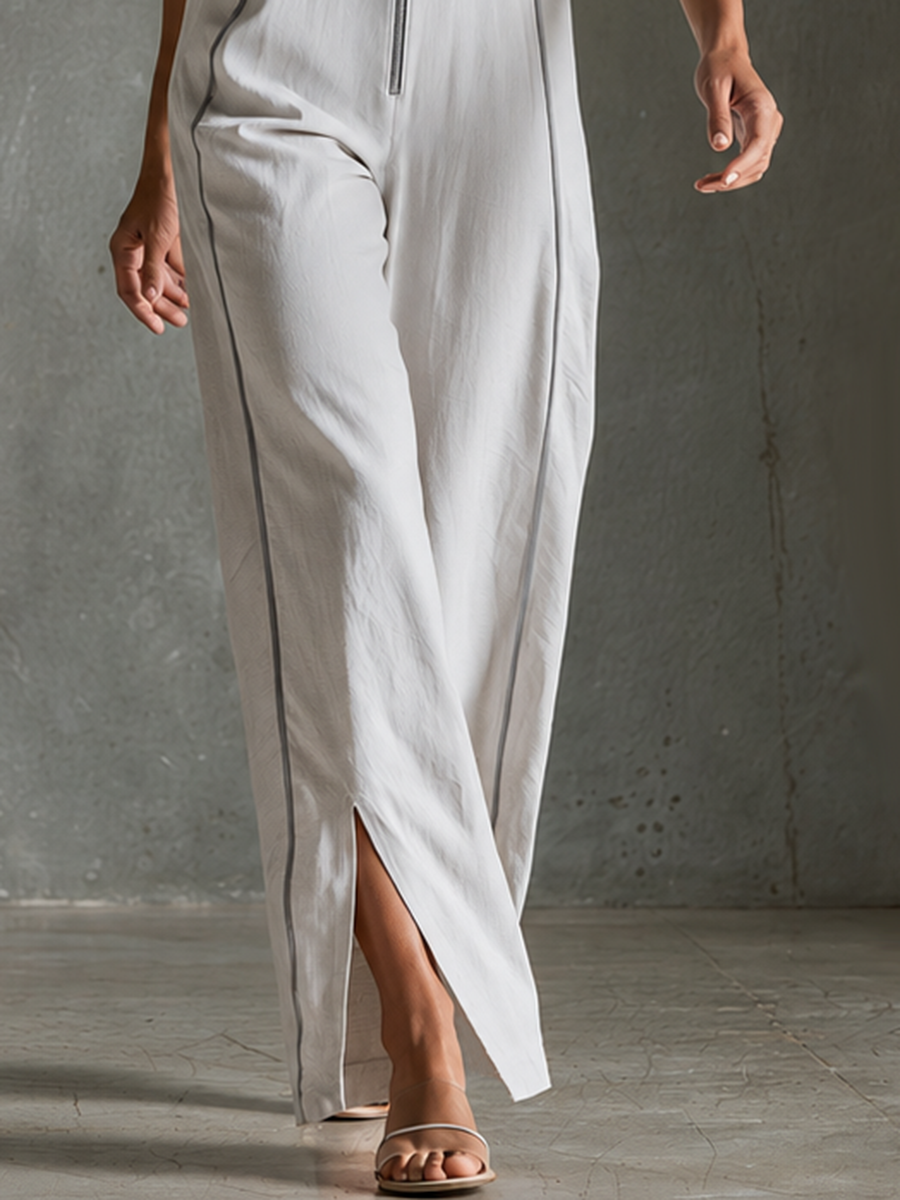 Retro-chic White-trimmed Jumpsuit