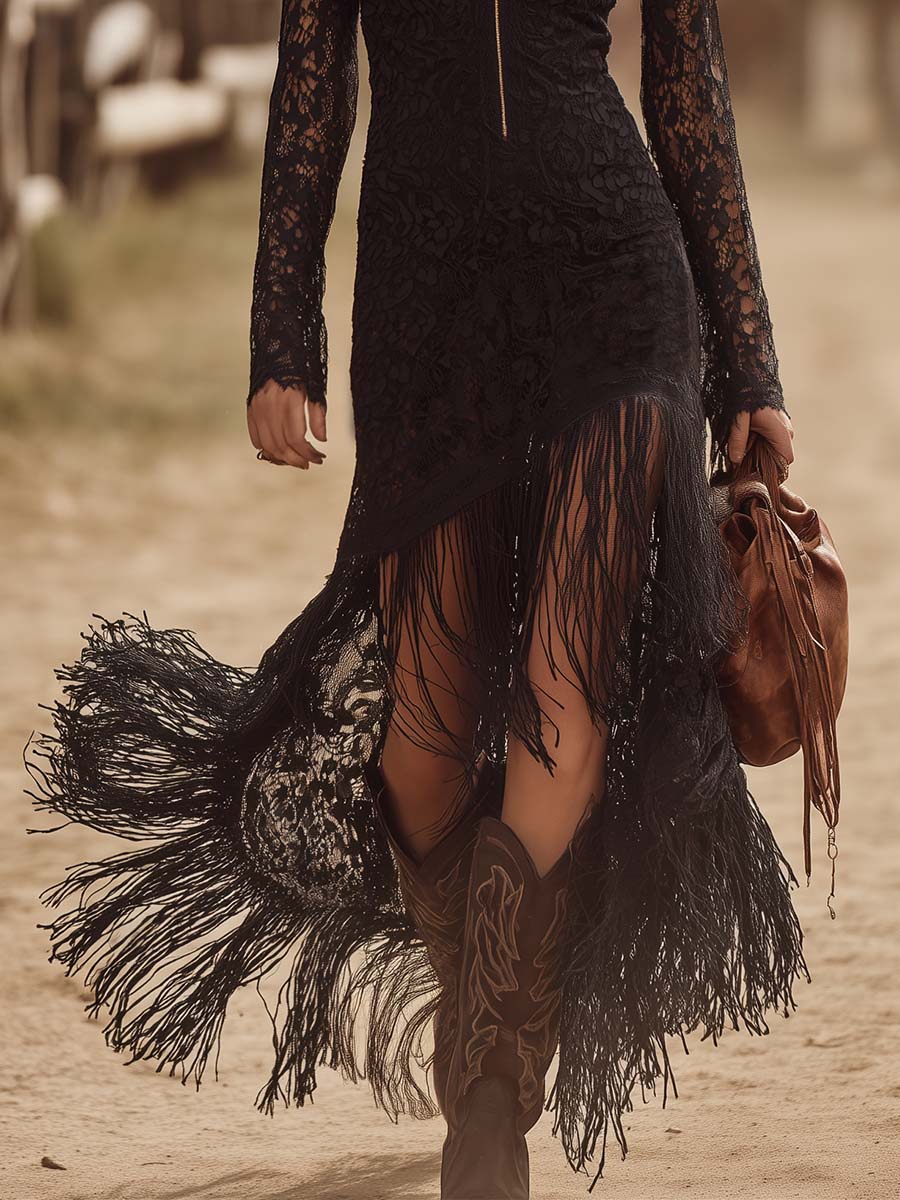 Western Black Lace Zip-Front Fringe Long-Sleeve Maxi Dress