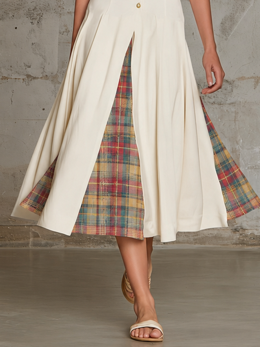 Retro-casual Elegant White Skirt With Plaid Paneling