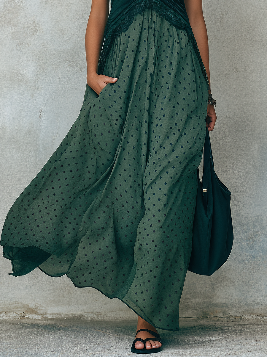 Retro-casual Elegant Green Polka-dot Dress
