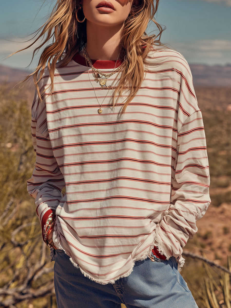 Sporty Retro Red And White Striped Long-Sleeve Crew Neck T-Shirt