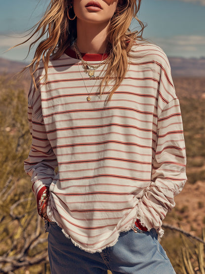 Sporty Retro Red And White Striped Long-Sleeve Crew Neck T-Shirt