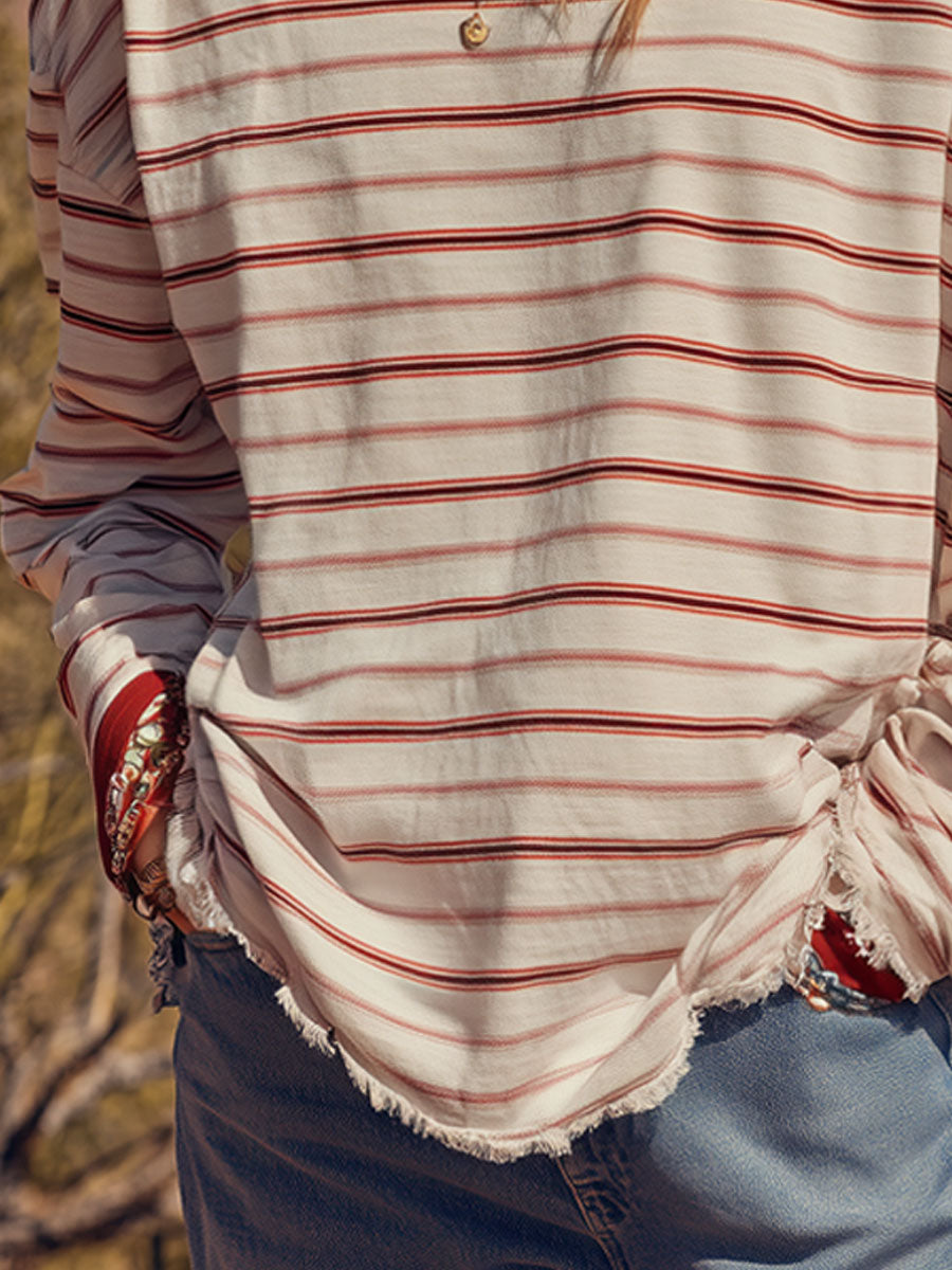 Sporty Retro Red And White Striped Long-Sleeve Crew Neck T-Shirt