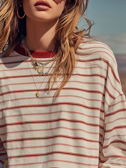Sporty Retro Red And White Striped Long-Sleeve Crew Neck T-Shirt