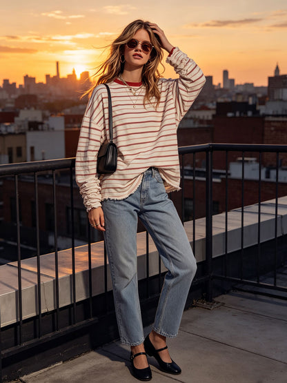 Sporty Retro Red And White Striped Long-Sleeve Crew Neck T-Shirt