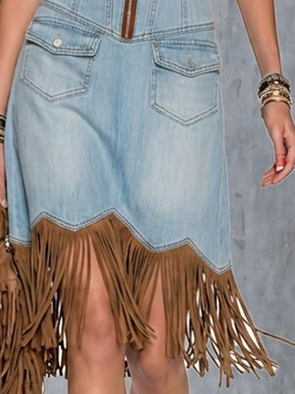 Slip Dress - Contrasting Zip-up Placket Serrated Hem With Contrasting Tassels Cargo Pockets