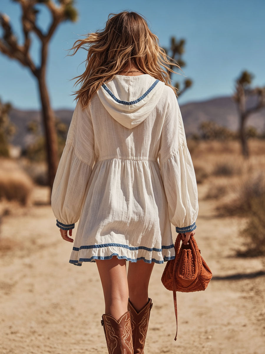 Vintage Blue Trimmed White Cotton Linen Long-sleeved Ruffled Hooded Mini Dress