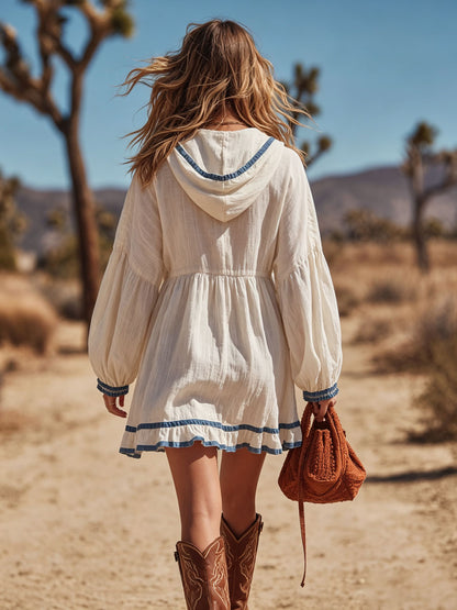 Vintage Blue Trimmed White Cotton Linen Long-sleeved Ruffled Hooded Mini Dress