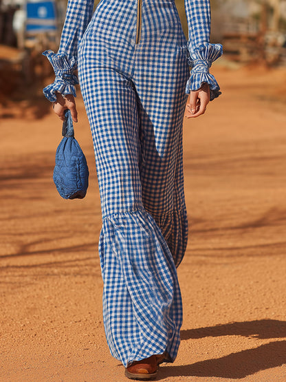 Retro Blue Plaid Cotton Linen Long-sleeved Ruffled Jumpsuit
