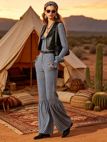 Retro Blue Plaid Cotton Linen Long-sleeved Ruffled Jumpsuit