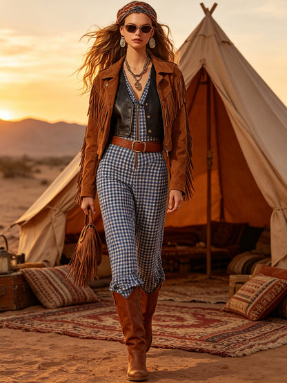 Retro Blue Plaid Cotton Linen Long-sleeved Ruffled Jumpsuit