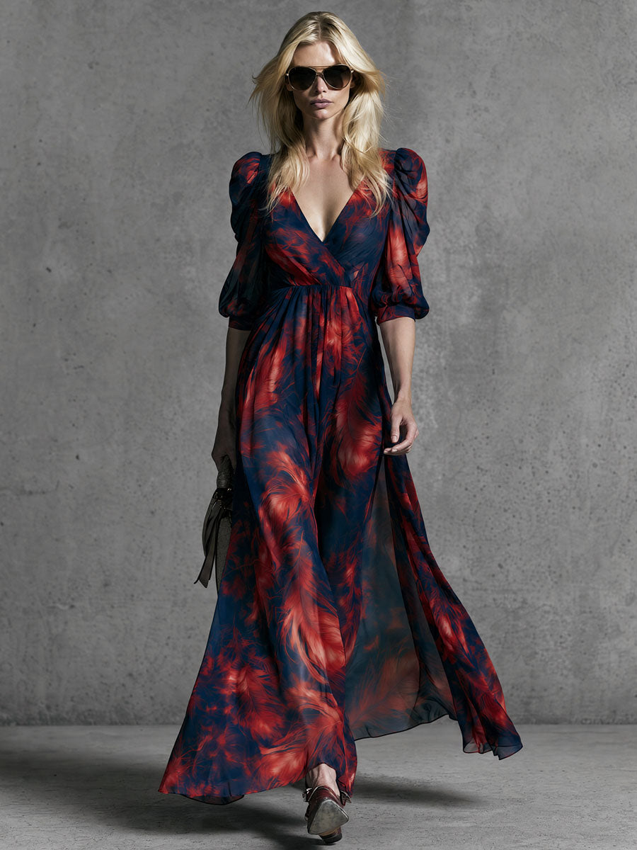 Retro Elegant Red Feather Print Blue V-neck Chiffon Maxi Dress